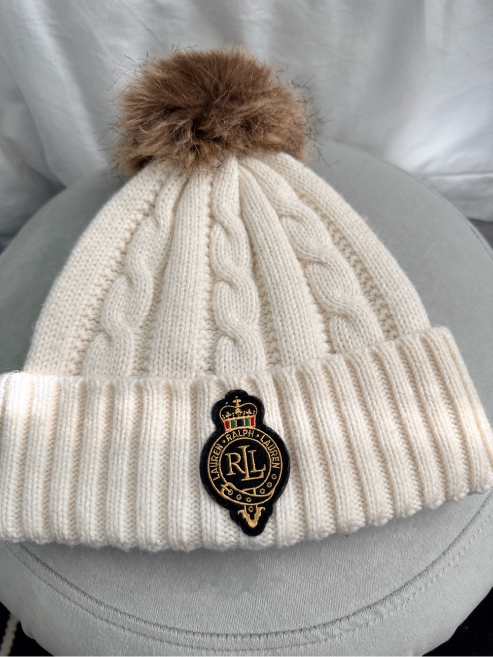 Ralph Lauren Cream Cable-Knit Kids Beanie with Brown Faux-Fur Pom